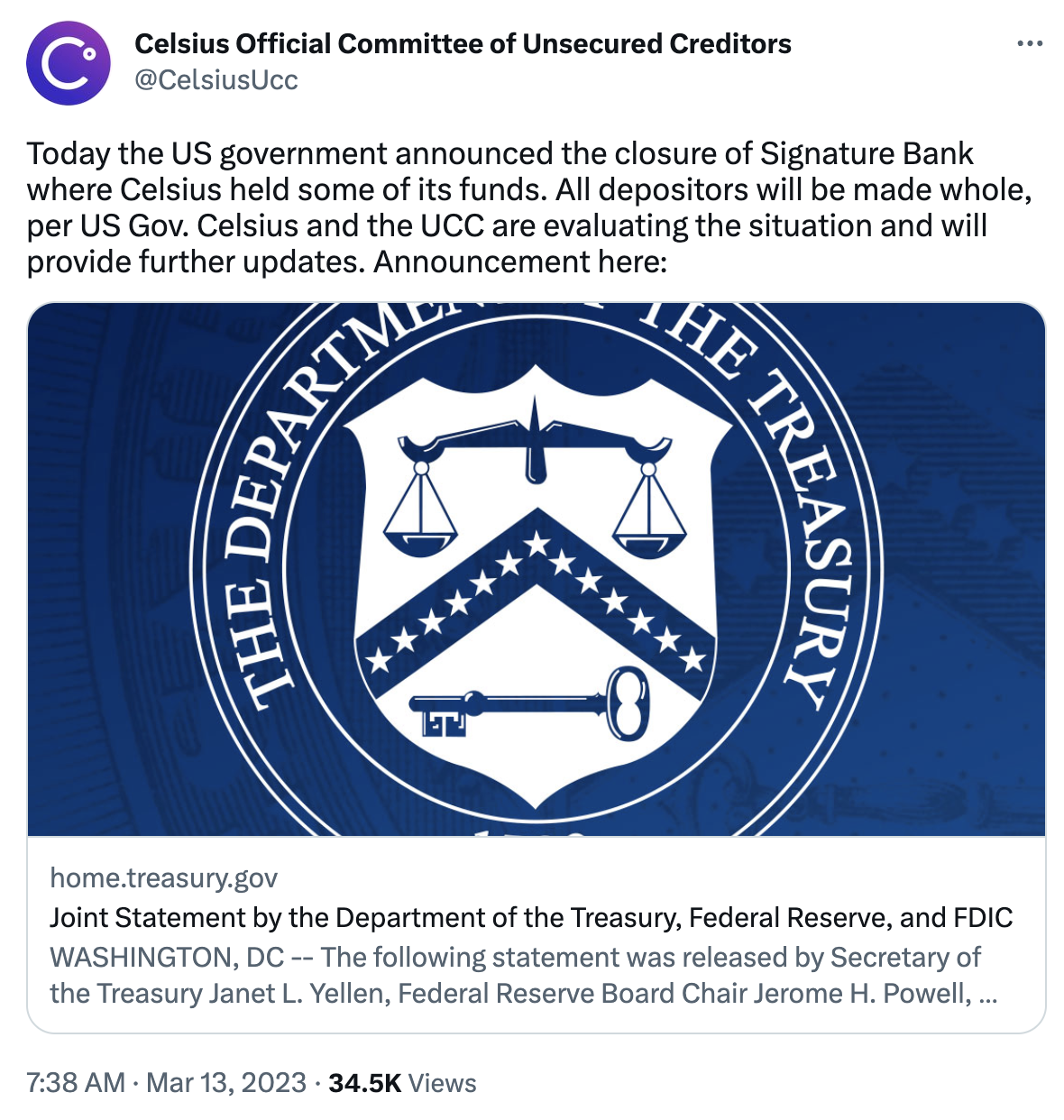 Celsius 债权人委员会:Celsius 有部分资金存在 Signature 银行 Celsius 债权人委员会:Celsius 有部分资金存在 Signature 银行