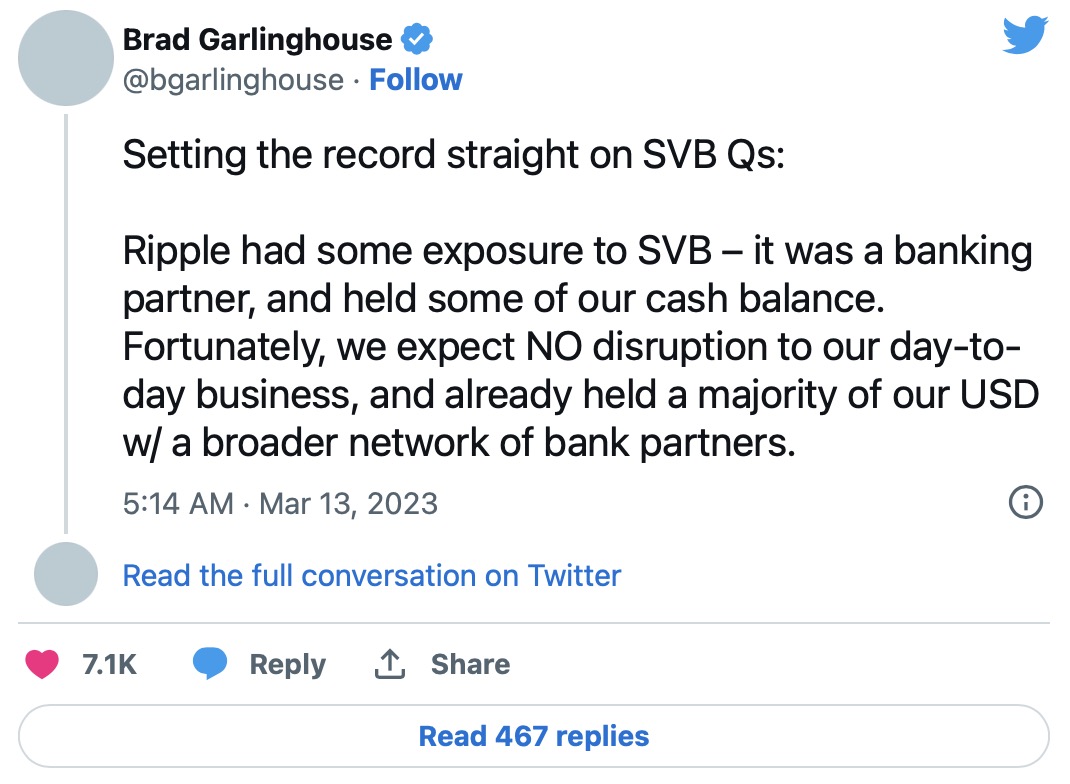 尽管SVB倒闭,但Ripple首席执行官仍保证“强劲的财务状况” 尽管SVB倒闭,但Ripple首席执行官仍保证“强劲的财务状况”